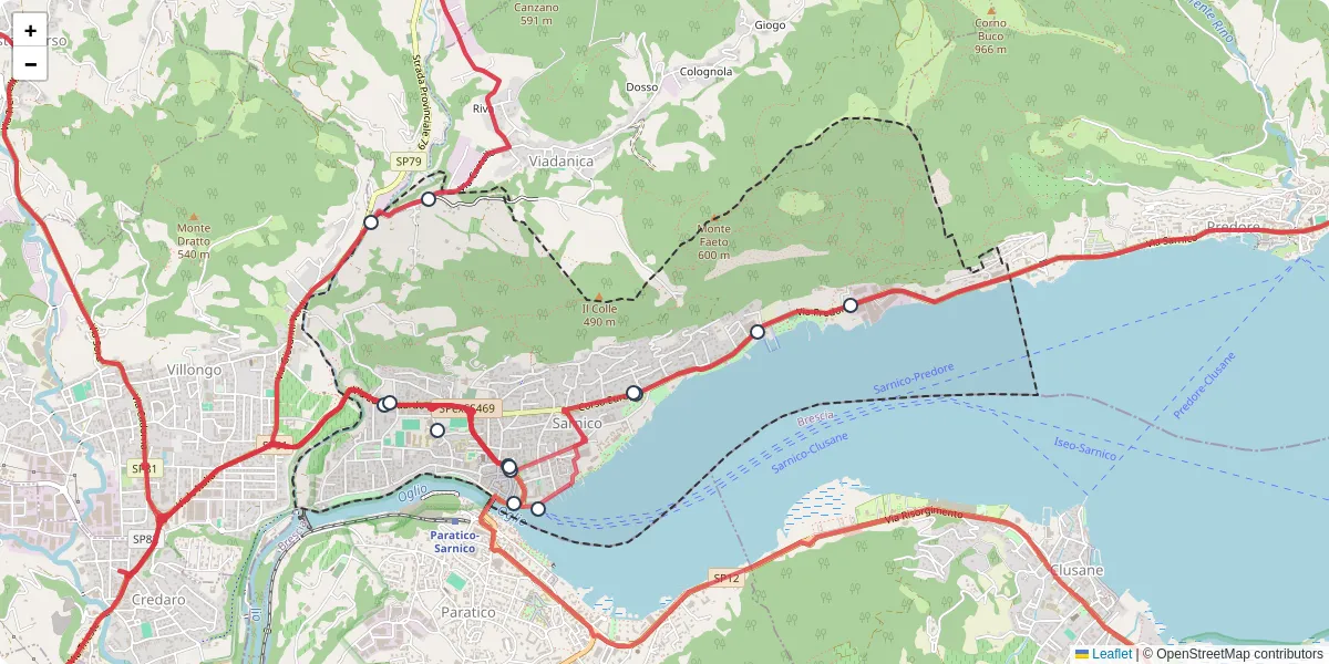 Mappa dettagliata del trasporto pubblico a Sarnico con linee autobus, tram e collegamenti