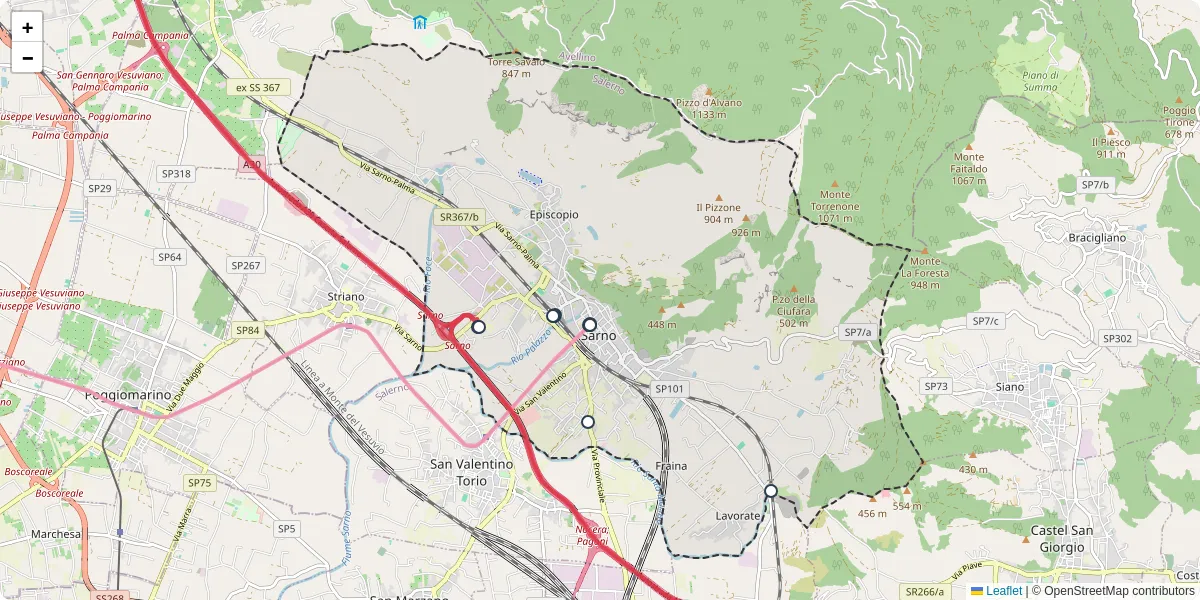 Mappa dettagliata del trasporto pubblico a Sarno con linee autobus, tram e collegamenti