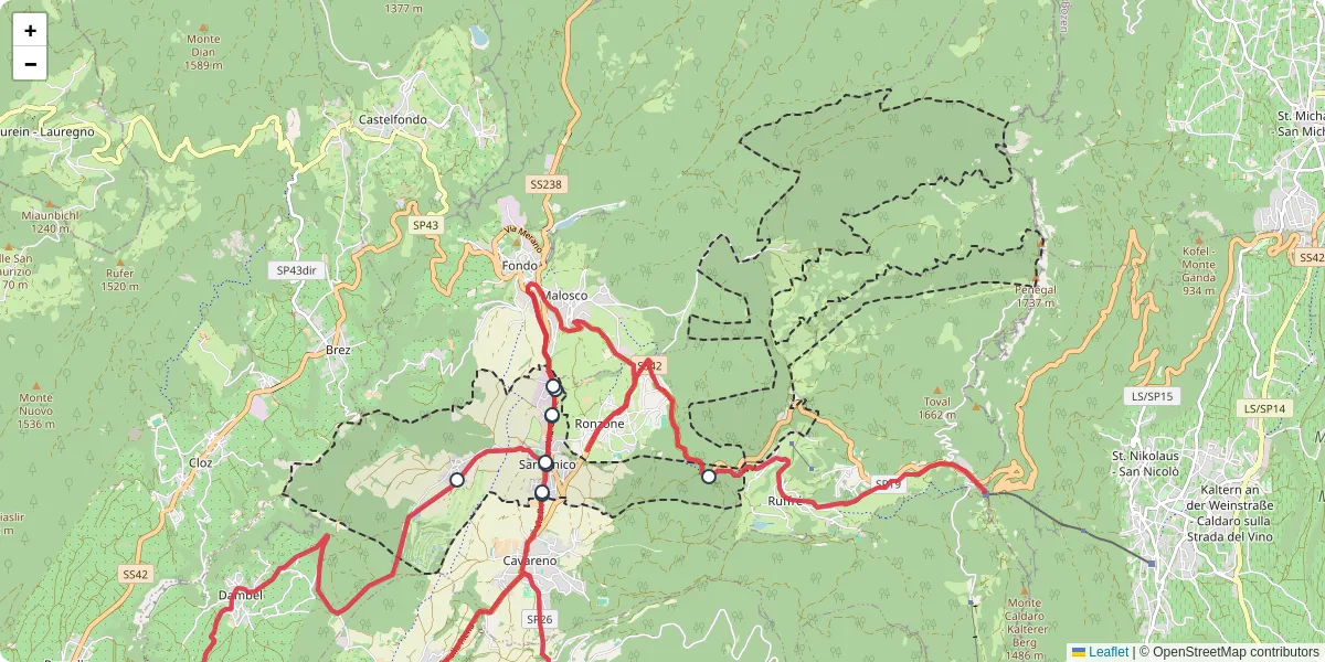 Mappa dettagliata del trasporto pubblico a Sarnonico con linee autobus, tram e collegamenti