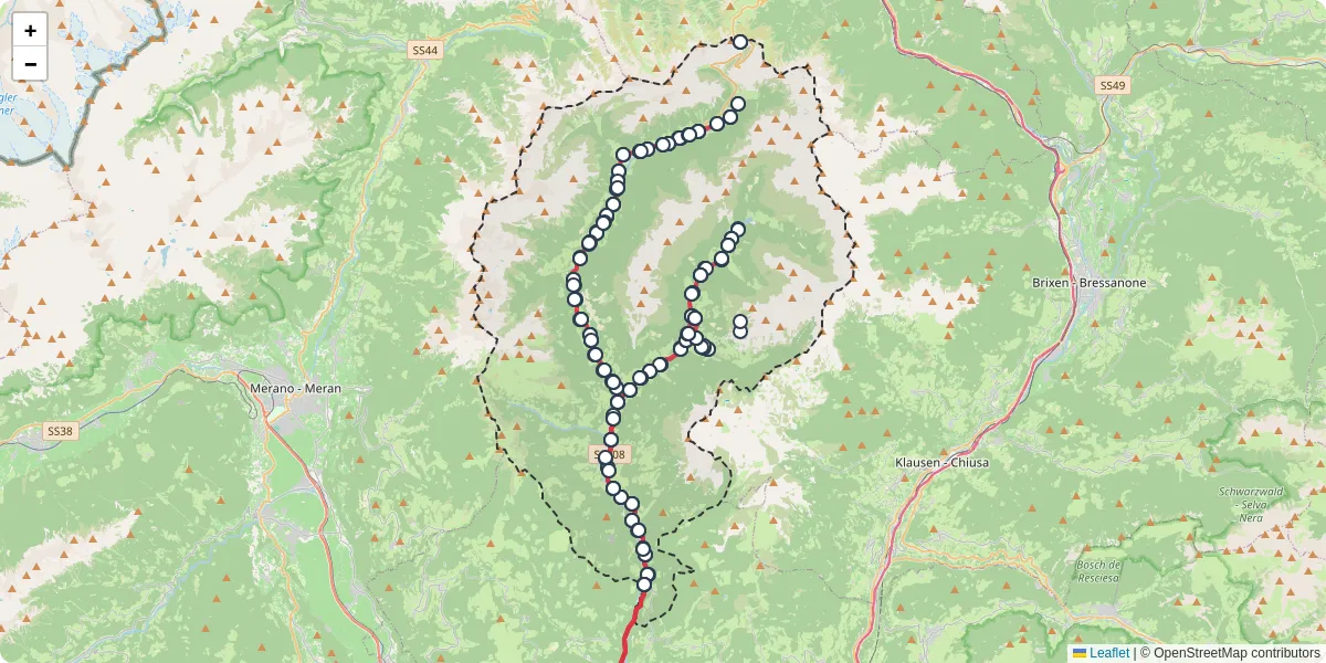 Mappa dettagliata del trasporto pubblico a Sarntal - Sarentino con linee autobus, tram e collegamenti