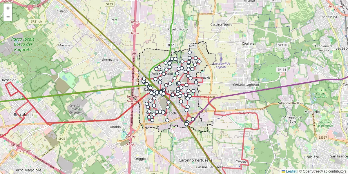 Mappa dettagliata del trasporto pubblico a Saronno con linee autobus, tram e collegamenti