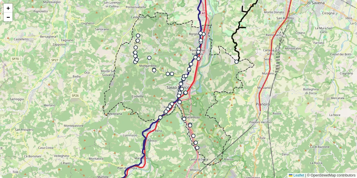 Mappa dettagliata del trasporto pubblico a Sasso Marconi con linee autobus, tram e collegamenti