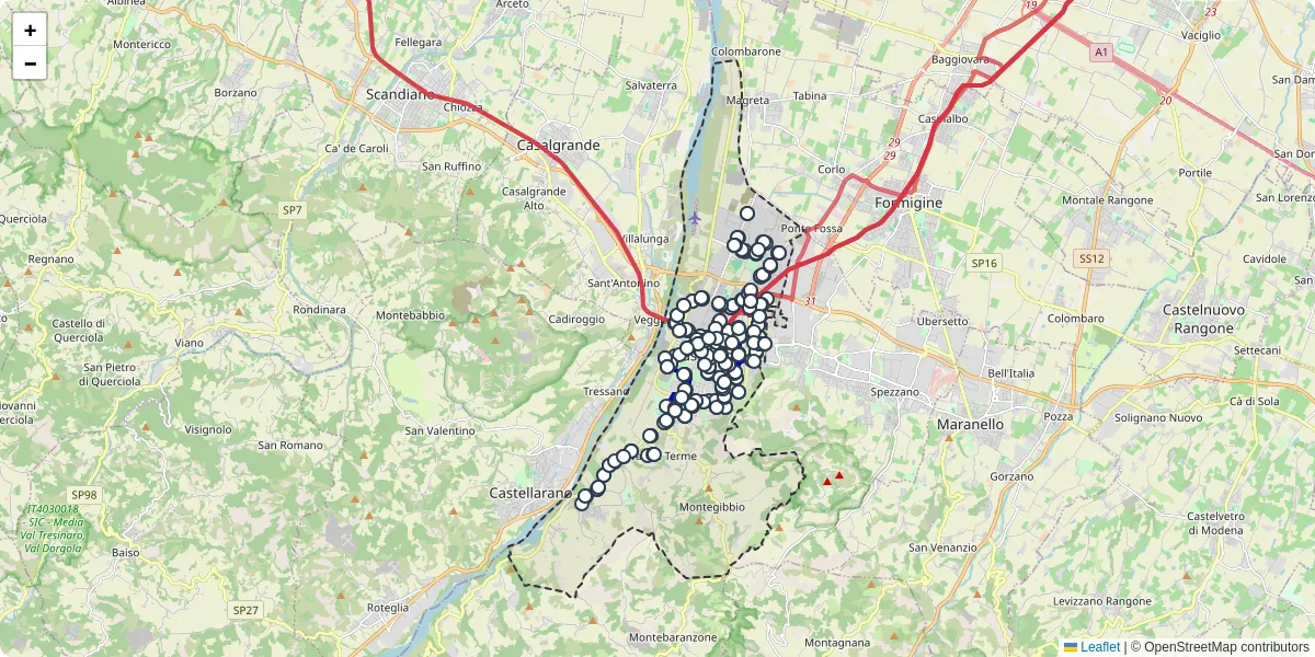 Mappa dettagliata del trasporto pubblico a Sassuolo con linee autobus, tram e collegamenti