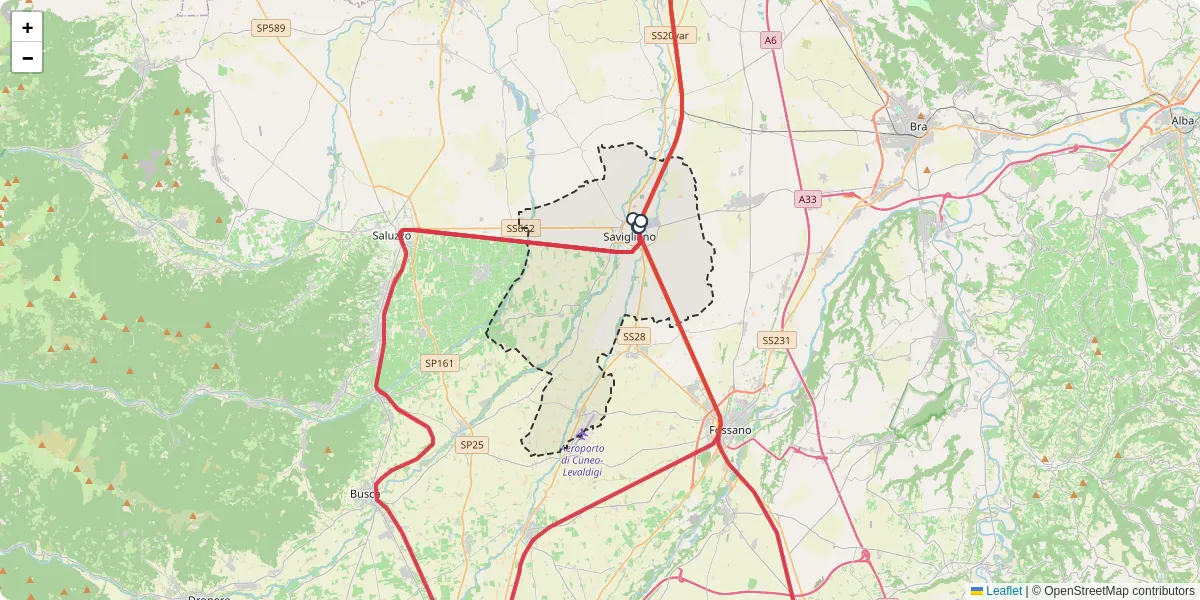 Mappa dettagliata del trasporto pubblico a Savigliano con linee autobus, tram e collegamenti