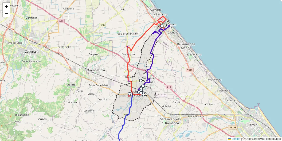 Mappa dettagliata del trasporto pubblico a Savignano sul Rubicone con linee autobus, tram e collegamenti