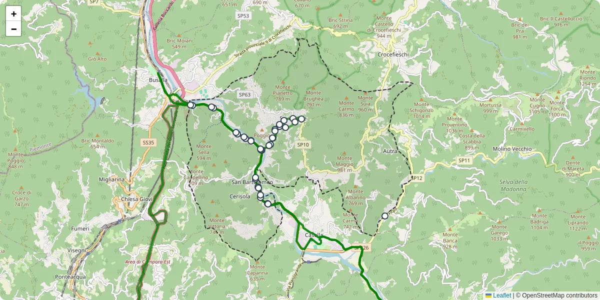 Mappa dettagliata del trasporto pubblico a Savignone con linee autobus, tram e collegamenti