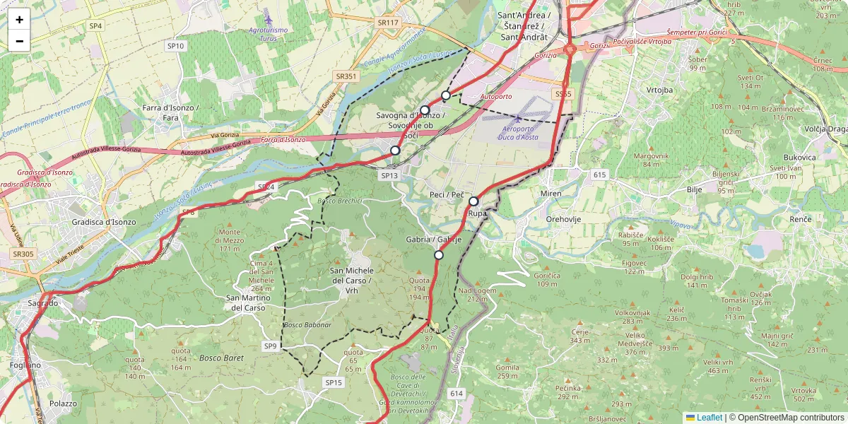 Mappa dettagliata del trasporto pubblico a Savogna d'Isonzo / Sovodnje ob Soči con linee autobus, tram e collegamenti