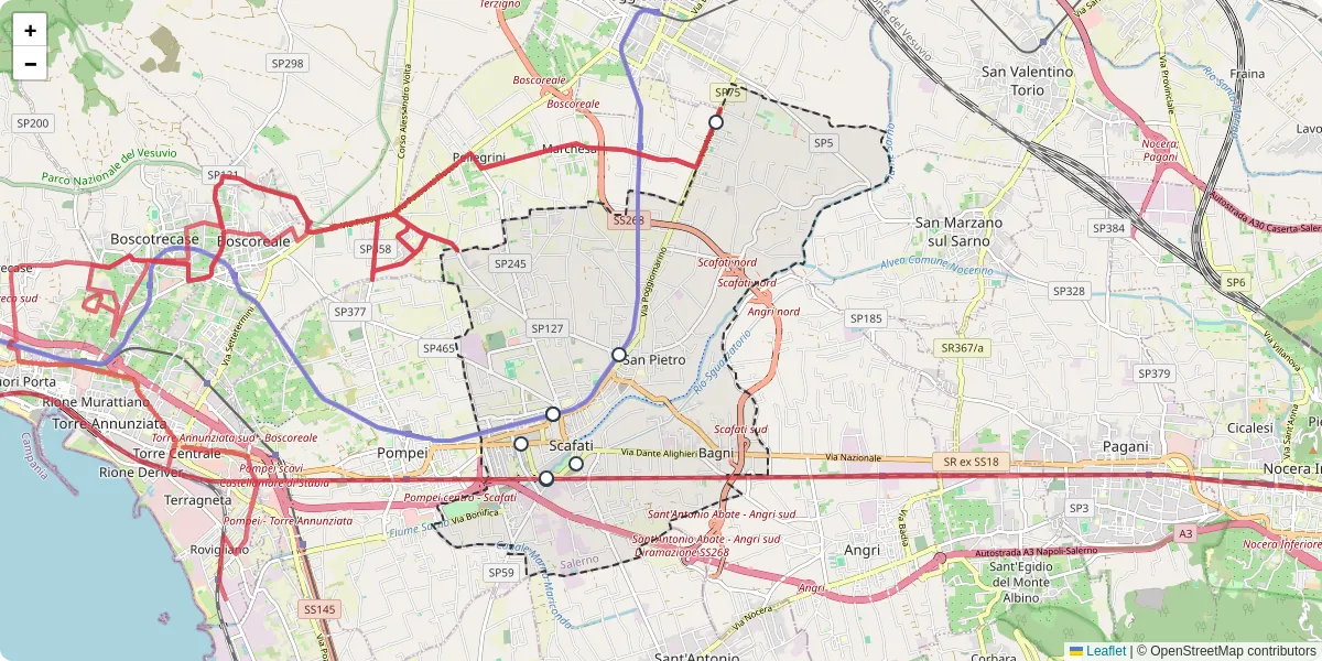 Mappa dettagliata del trasporto pubblico a Scafati con linee autobus, tram e collegamenti