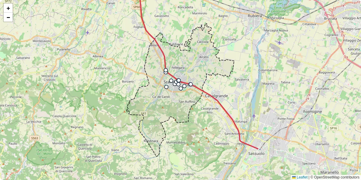 Mappa dettagliata del trasporto pubblico a Scandiano con linee autobus, tram e collegamenti