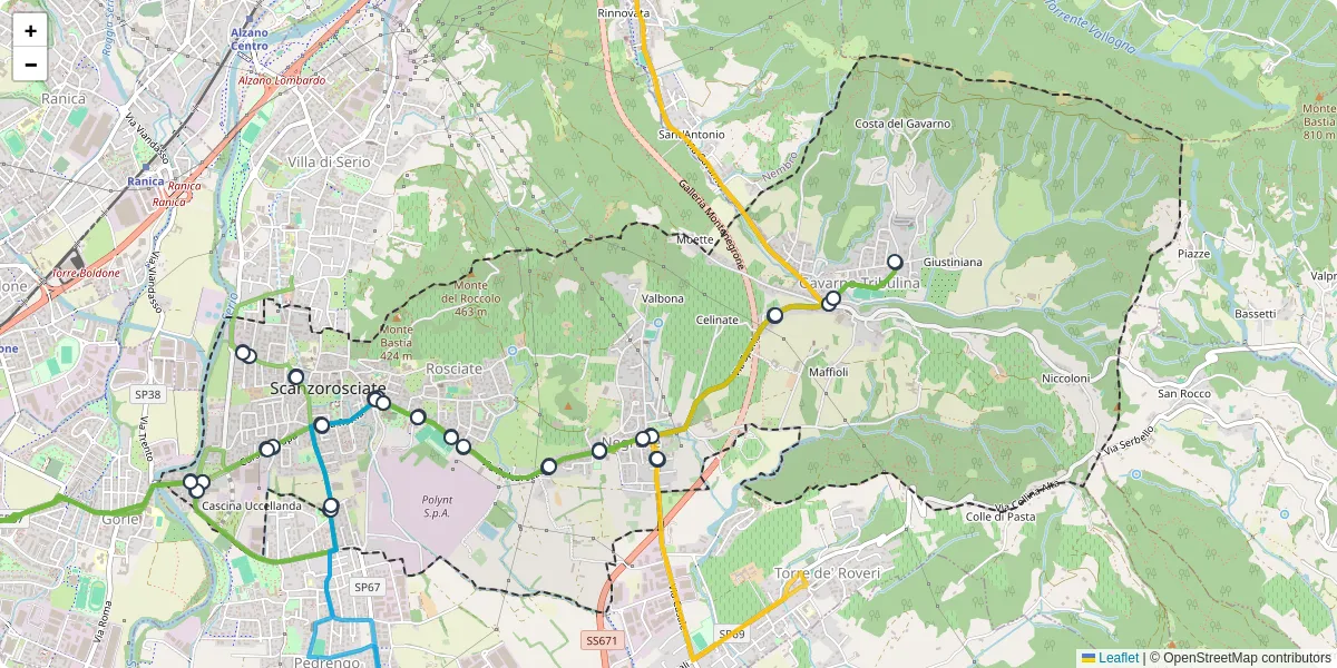 Mappa dettagliata del trasporto pubblico a Scanzorosciate con linee autobus, tram e collegamenti
