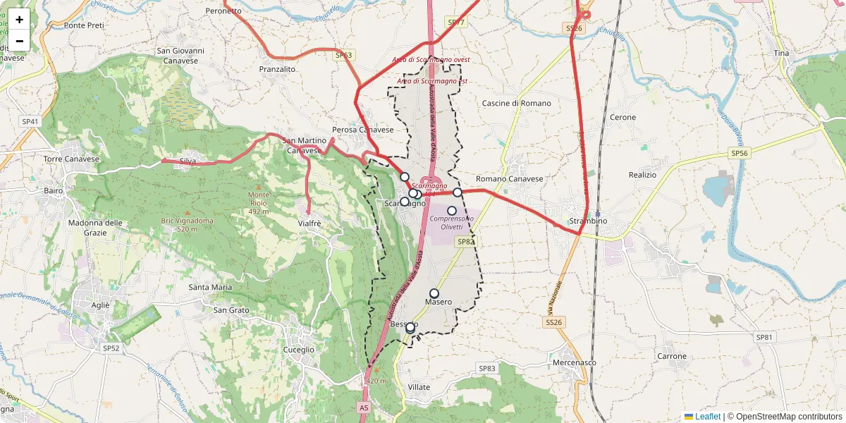Mappa dettagliata del trasporto pubblico a Scarmagno con linee autobus, tram e collegamenti