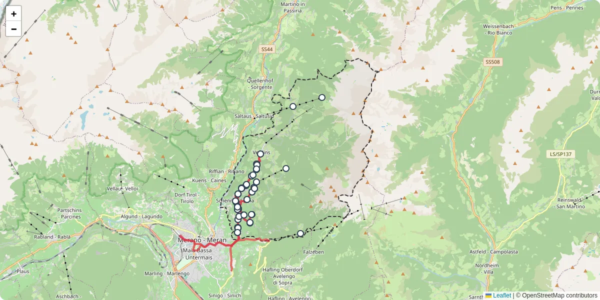 Mappa dettagliata del trasporto pubblico a Schenna - Scena con linee autobus, tram e collegamenti