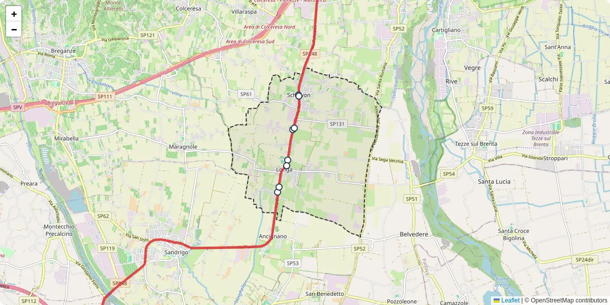 Mappa dettagliata del trasporto pubblico a Schiavon con linee autobus, tram e collegamenti