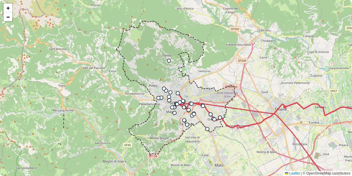 Mappa dettagliata del trasporto pubblico a Schio con linee autobus, tram e collegamenti