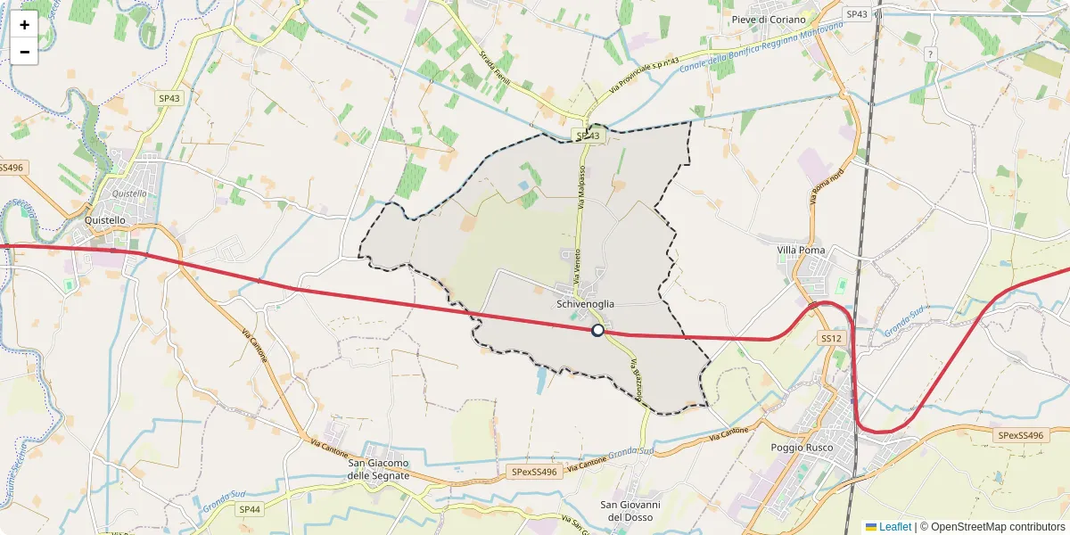 Mappa dettagliata del trasporto pubblico a Schivenoglia con linee autobus, tram e collegamenti