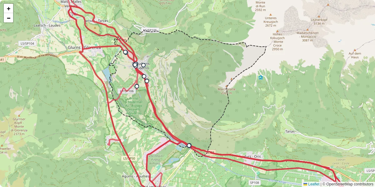 Mappa dettagliata del trasporto pubblico a Schluderns - Sluderno con linee autobus, tram e collegamenti