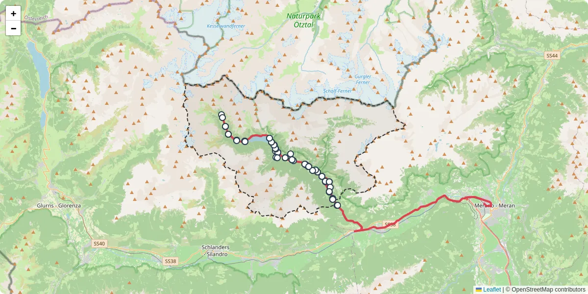 Mappa dettagliata del trasporto pubblico a Schnals - Senales con linee autobus, tram e collegamenti