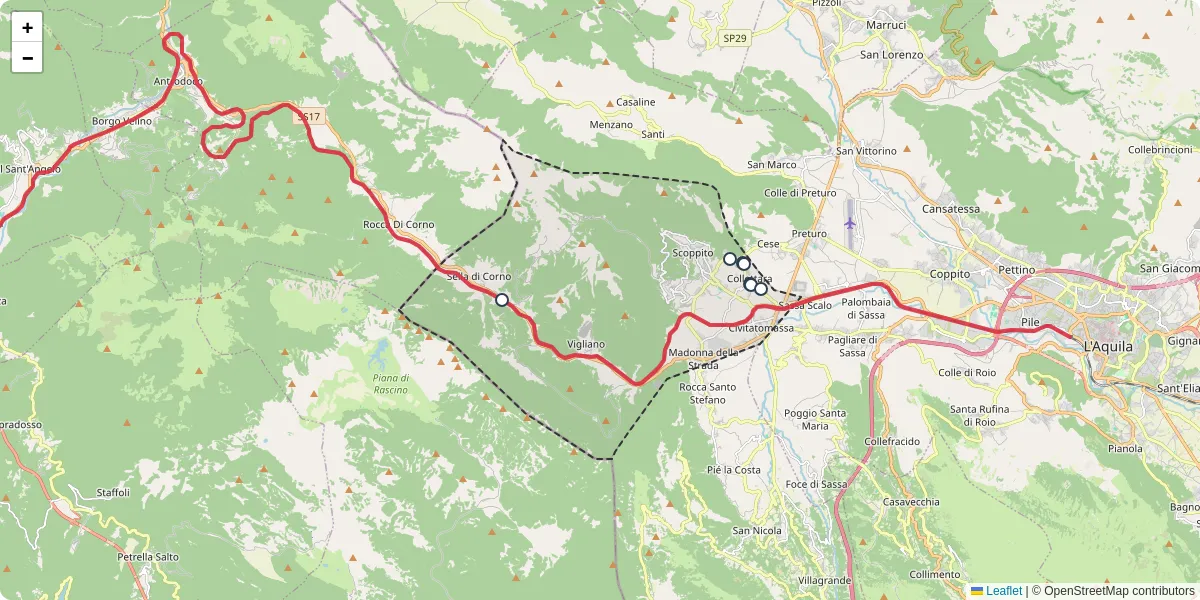 Mappa dettagliata del trasporto pubblico a Scoppito con linee autobus, tram e collegamenti