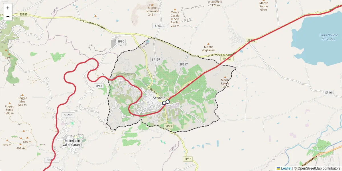 Mappa dettagliata del trasporto pubblico a Scordia con linee autobus, tram e collegamenti