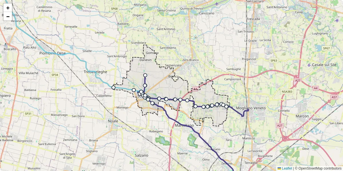 Mappa dettagliata del trasporto pubblico a Scorzè con linee autobus, tram e collegamenti