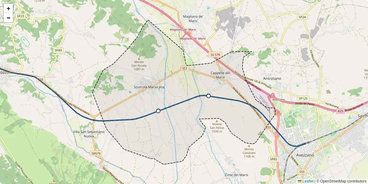 Mappa dettagliata del trasporto pubblico a Scurcola Marsicana con linee autobus, tram e collegamenti