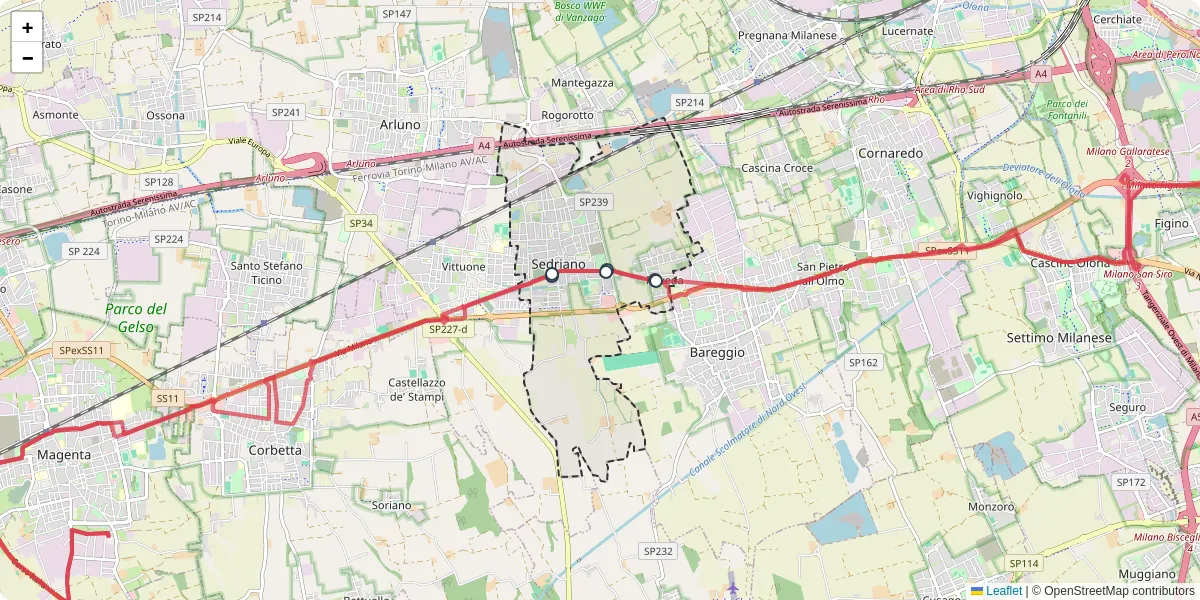 Mappa dettagliata del trasporto pubblico a Sedriano con linee autobus, tram e collegamenti