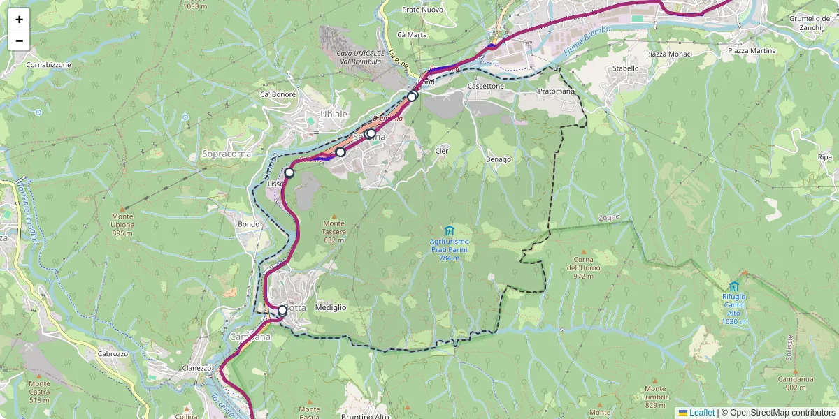 Mappa dettagliata del trasporto pubblico a Sedrina con linee autobus, tram e collegamenti
