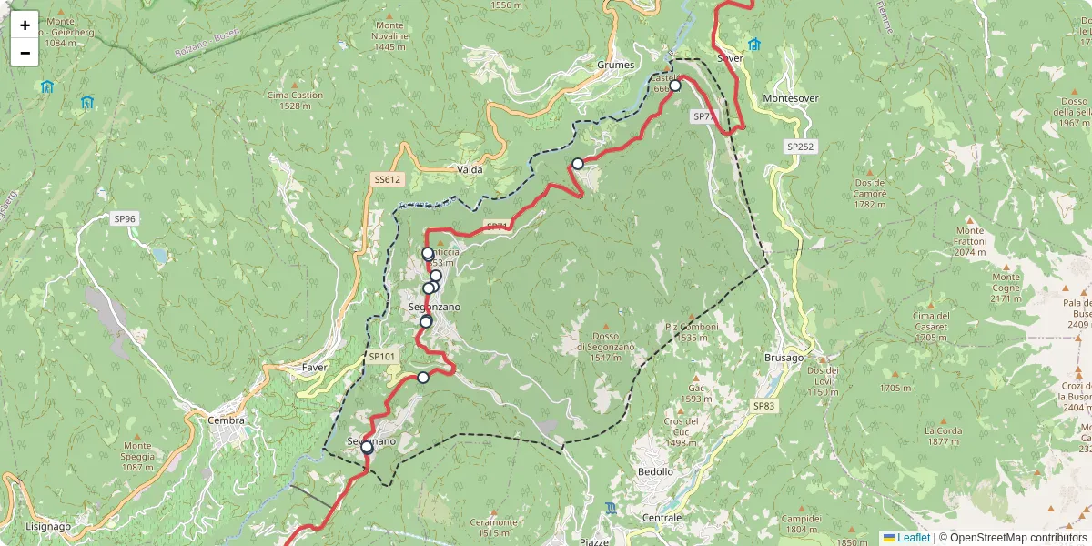 Mappa dettagliata del trasporto pubblico a Segonzano con linee autobus, tram e collegamenti