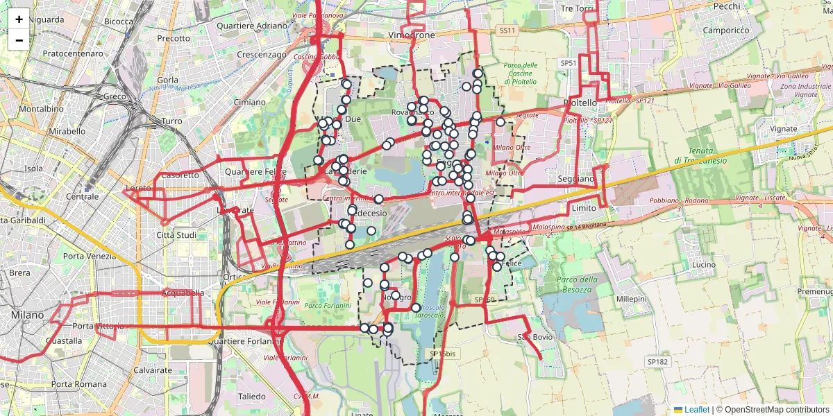 Mappa dettagliata del trasporto pubblico a Segrate con linee autobus, tram e collegamenti
