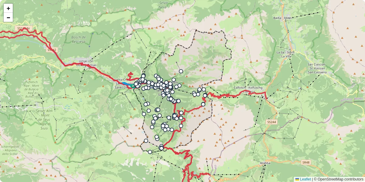 Mappa dettagliata del trasporto pubblico a Sëlva - Wolkenstein - Selva di Val Gardena con linee autobus, tram e collegamenti