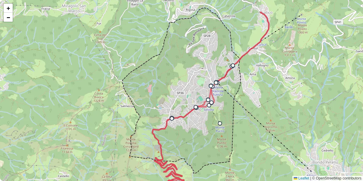 Mappa dettagliata del trasporto pubblico a Selvino con linee autobus, tram e collegamenti