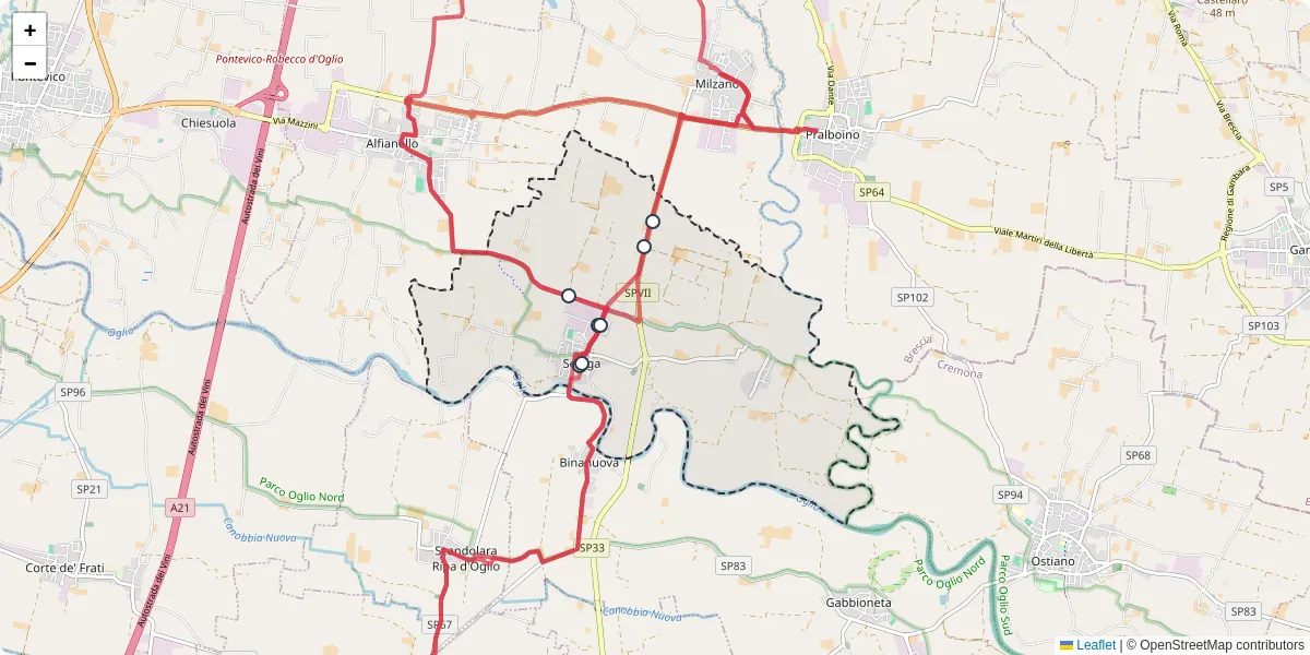 Mappa dettagliata del trasporto pubblico a Seniga con linee autobus, tram e collegamenti