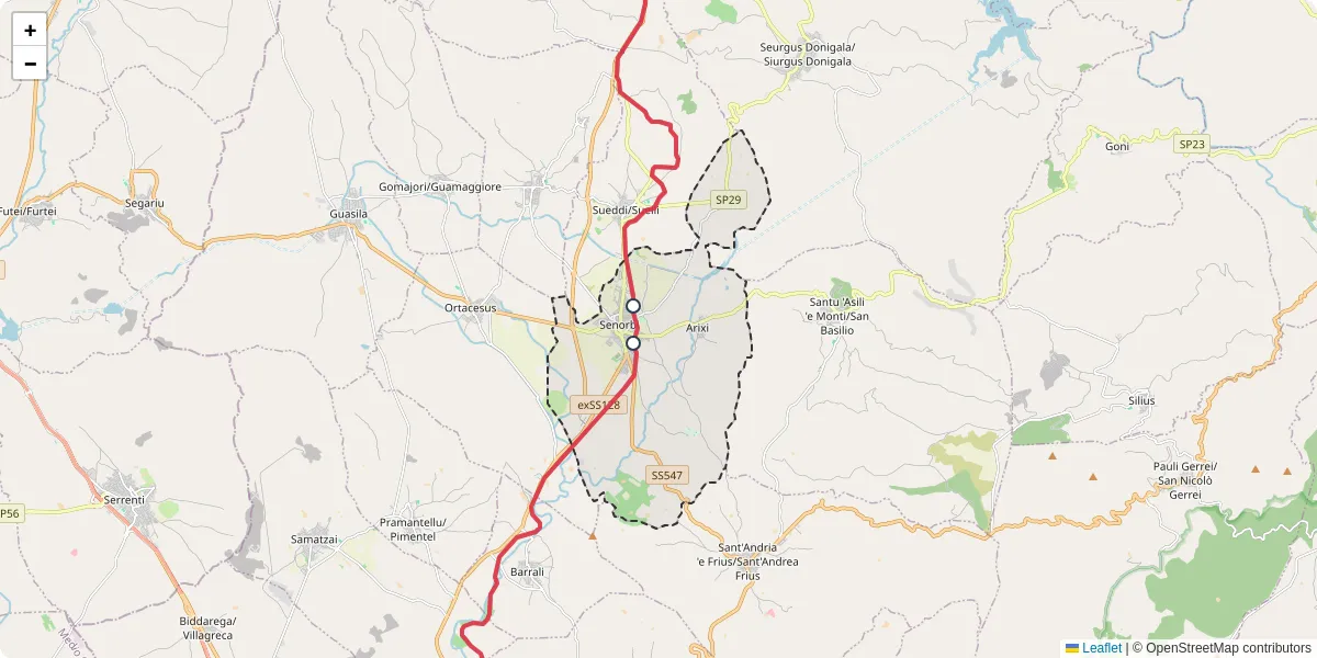 Mappa dettagliata del trasporto pubblico a Senorbì con linee autobus, tram e collegamenti