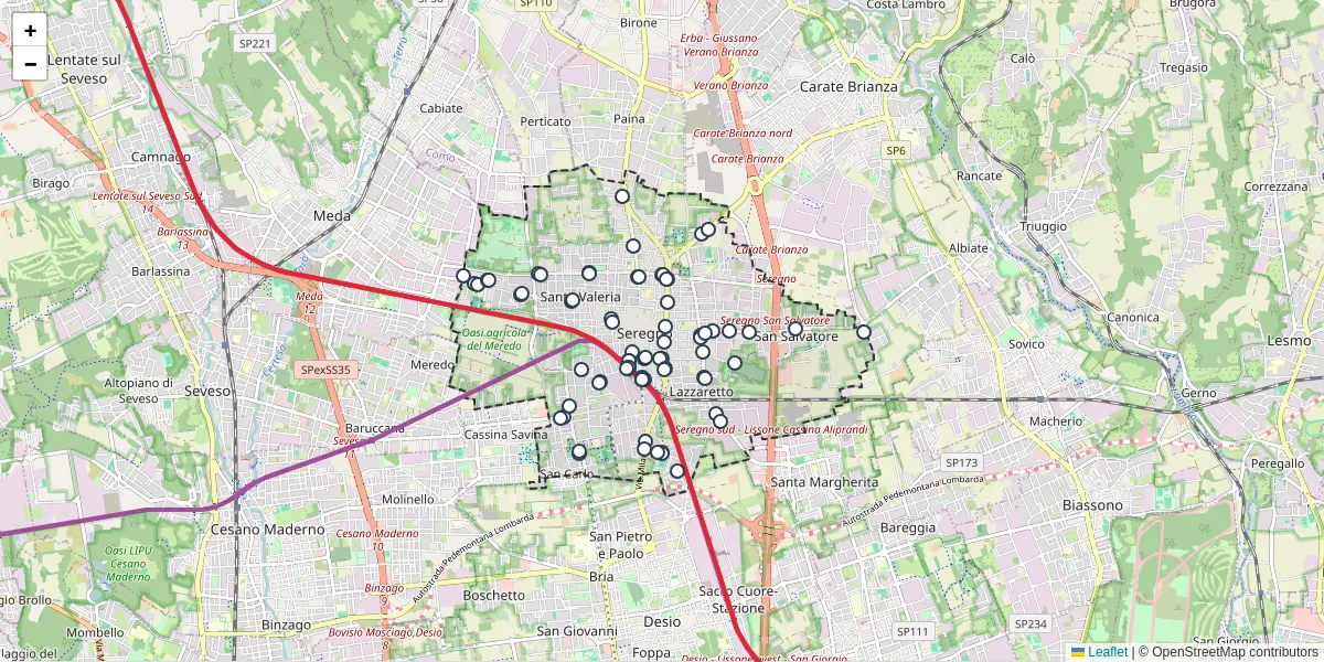 Mappa dettagliata del trasporto pubblico a Seregno con linee autobus, tram e collegamenti
