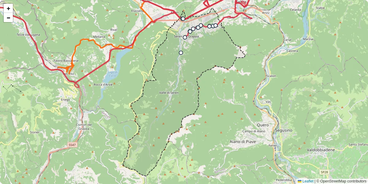 Mappa dettagliata del trasporto pubblico a Seren del Grappa con linee autobus, tram e collegamenti