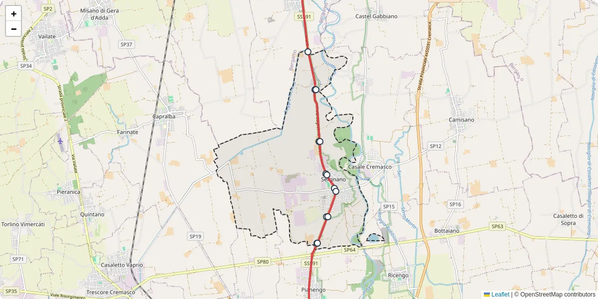Mappa dettagliata del trasporto pubblico a Sergnano con linee autobus, tram e collegamenti