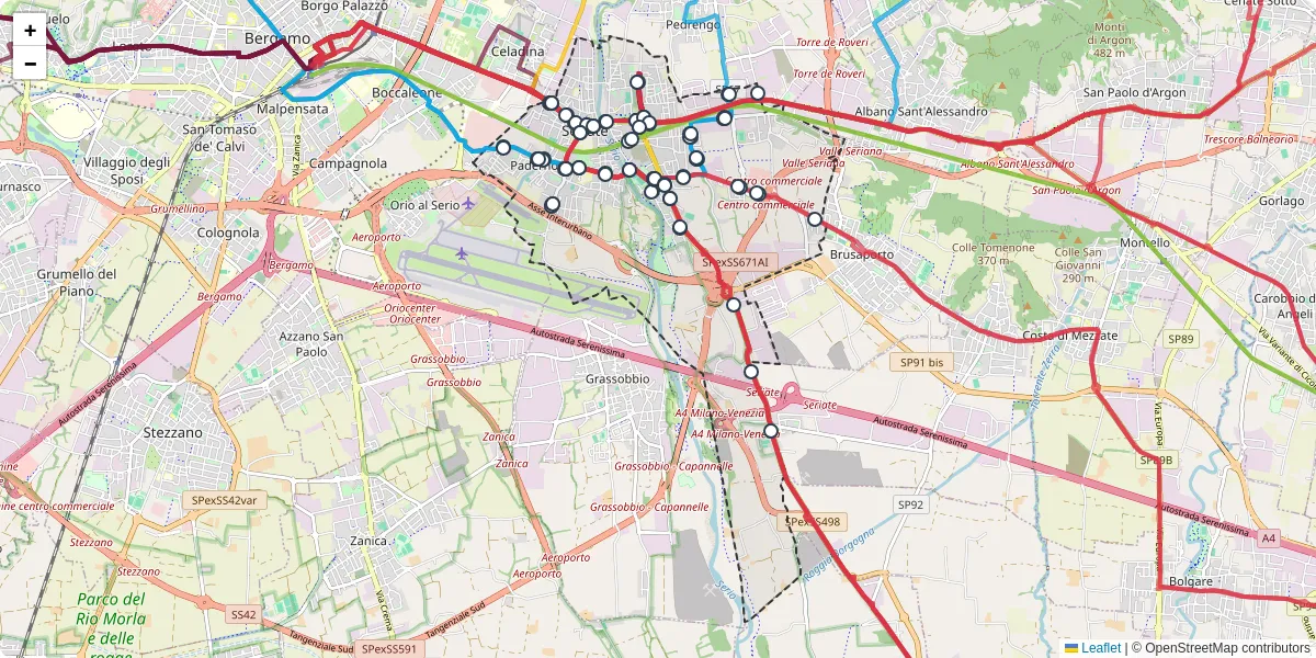 Mappa dettagliata del trasporto pubblico a Seriate con linee autobus, tram e collegamenti