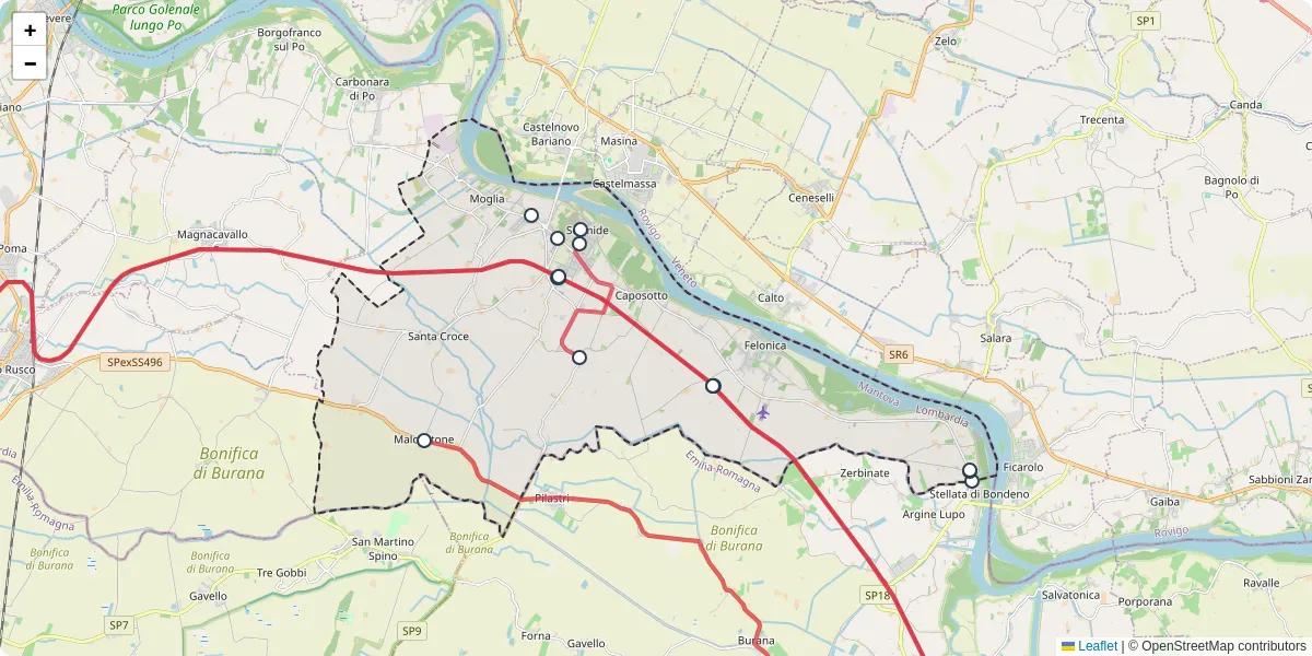 Mappa dettagliata del trasporto pubblico a Sermide e Felonica con linee autobus, tram e collegamenti