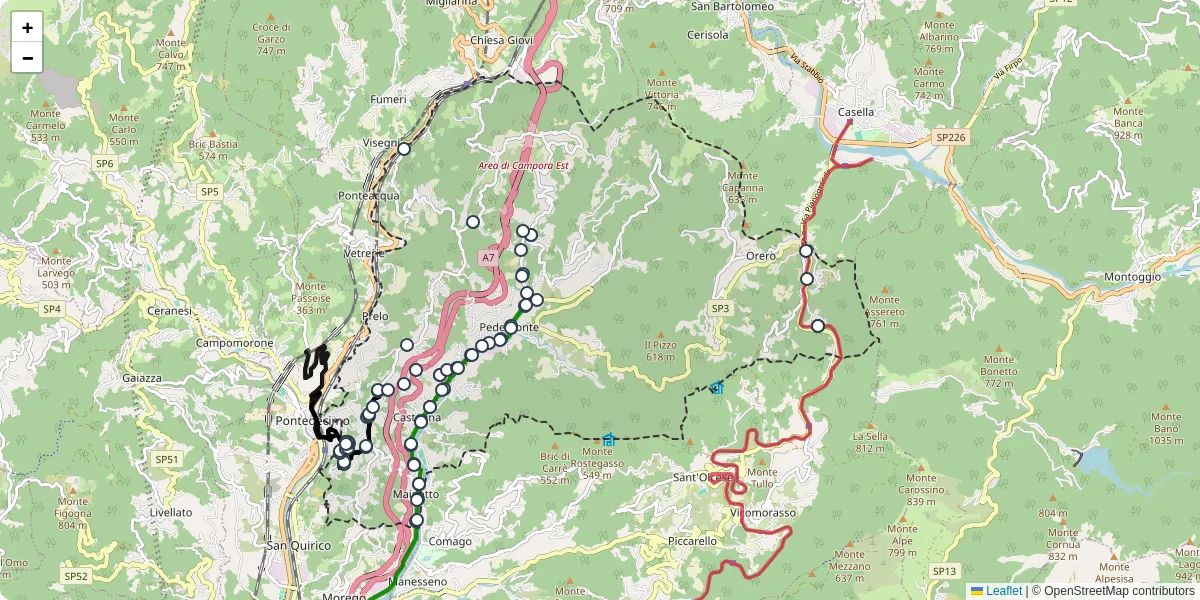 Mappa dettagliata del trasporto pubblico a Serra Riccò con linee autobus, tram e collegamenti