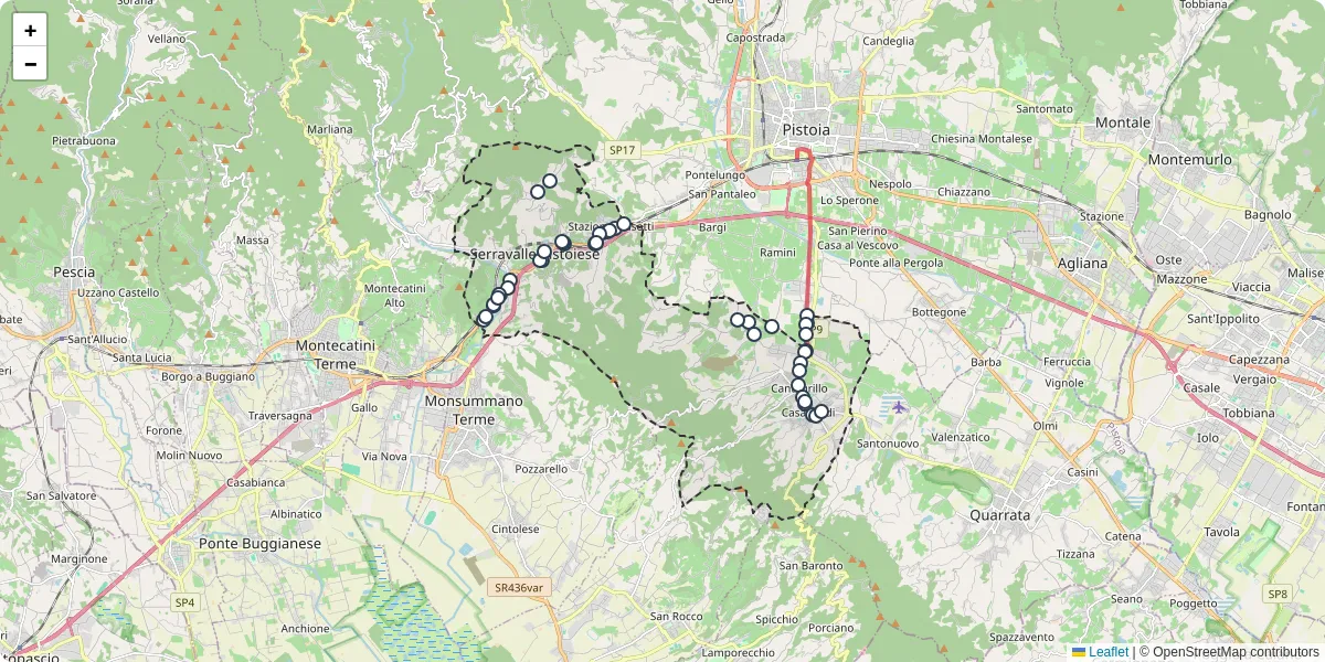 Mappa dettagliata del trasporto pubblico a Serravalle Pistoiese con linee autobus, tram e collegamenti