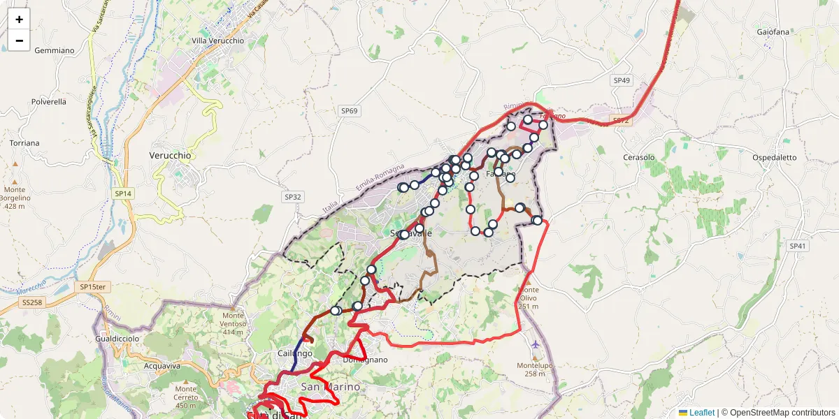 Mappa dettagliata del trasporto pubblico a Serravalle con linee autobus, tram e collegamenti