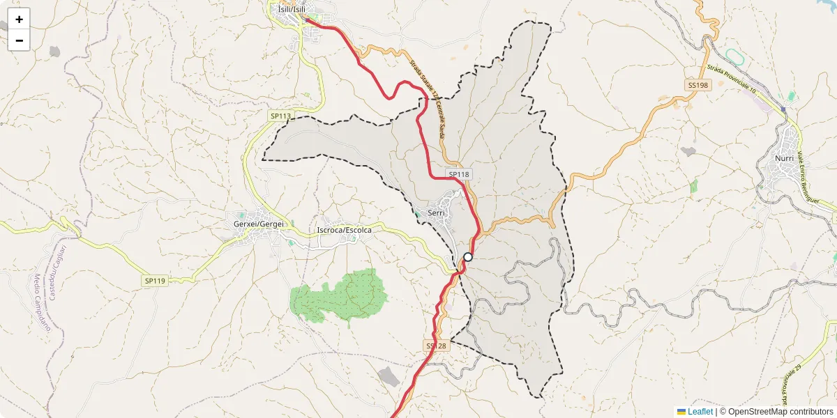 Mappa dettagliata del trasporto pubblico a Serri con linee autobus, tram e collegamenti