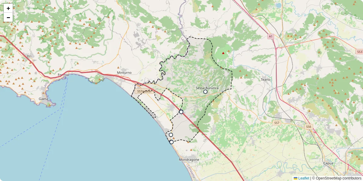 Mappa dettagliata del trasporto pubblico a Sessa Aurunca con linee autobus, tram e collegamenti
