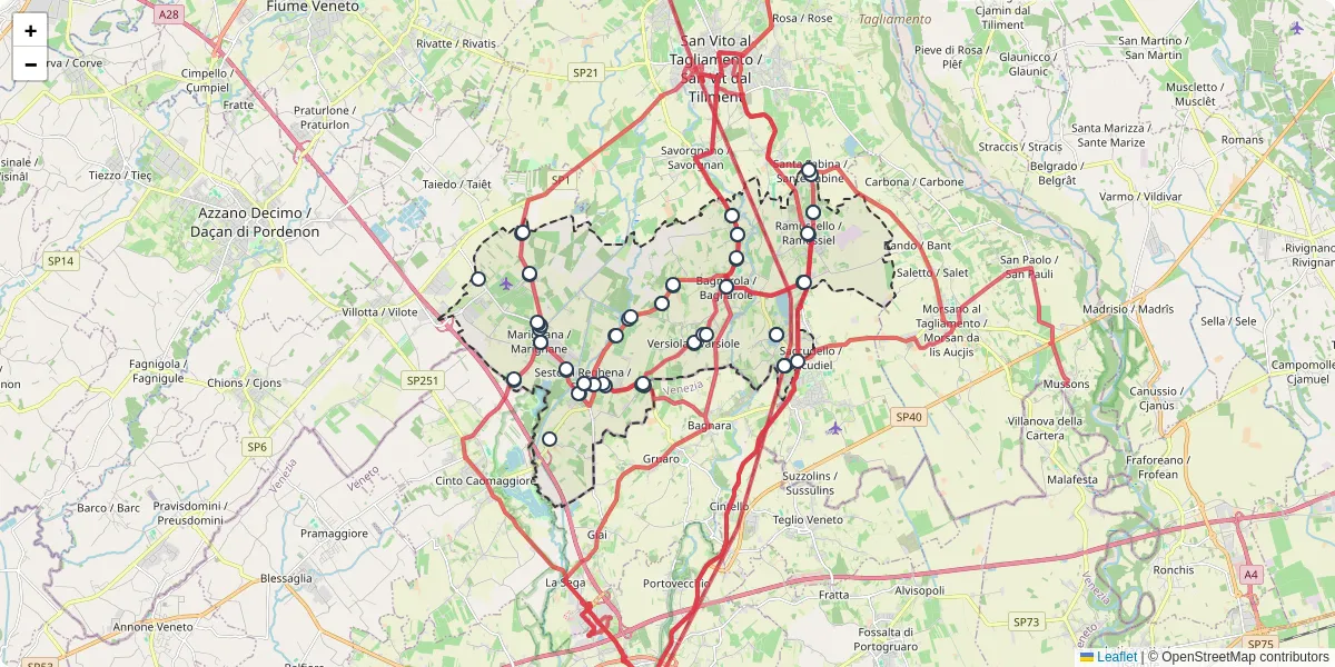 Mappa dettagliata del trasporto pubblico a Sesto al Reghena / Siest con linee autobus, tram e collegamenti