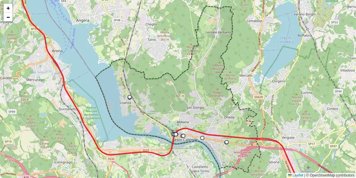 Mappa dettagliata del trasporto pubblico a Sesto Calende con linee autobus, tram e collegamenti