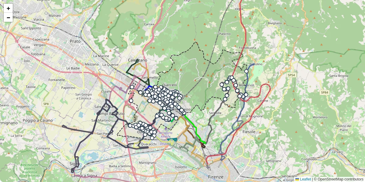 Mappa dettagliata del trasporto pubblico a Sesto Fiorentino con linee autobus, tram e collegamenti