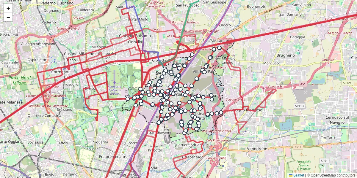 Mappa dettagliata del trasporto pubblico a Sesto San Giovanni con linee autobus, tram e collegamenti