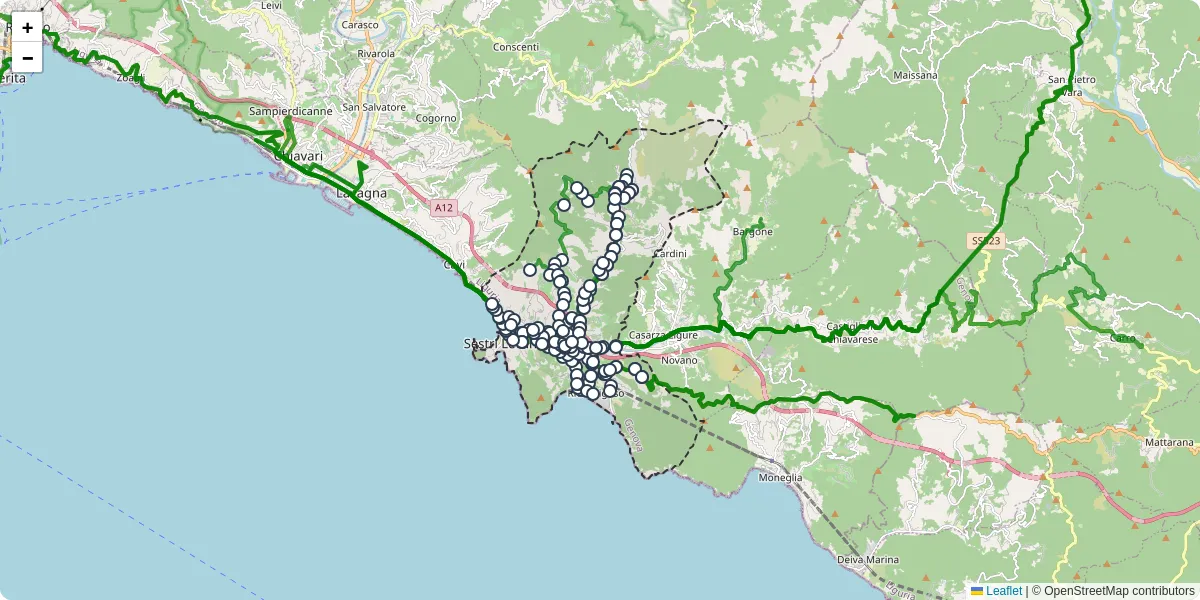 Mappa dettagliata del trasporto pubblico a Sestri Levante con linee autobus, tram e collegamenti