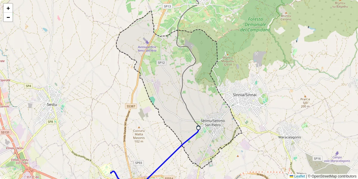 Mappa dettagliata del trasporto pubblico a Sètimu/Settimo San Pietro con linee autobus, tram e collegamenti