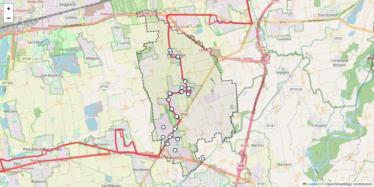 Mappa dettagliata del trasporto pubblico a Settala con linee autobus, tram e collegamenti